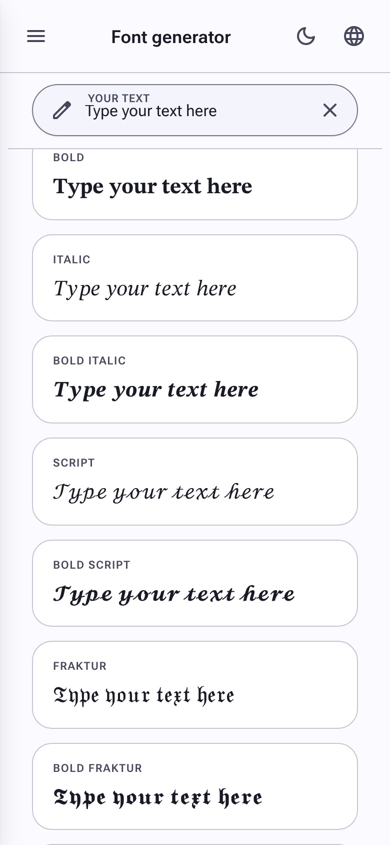 Collage showing bold, italic, script, gothic, bubble and glitch font samples