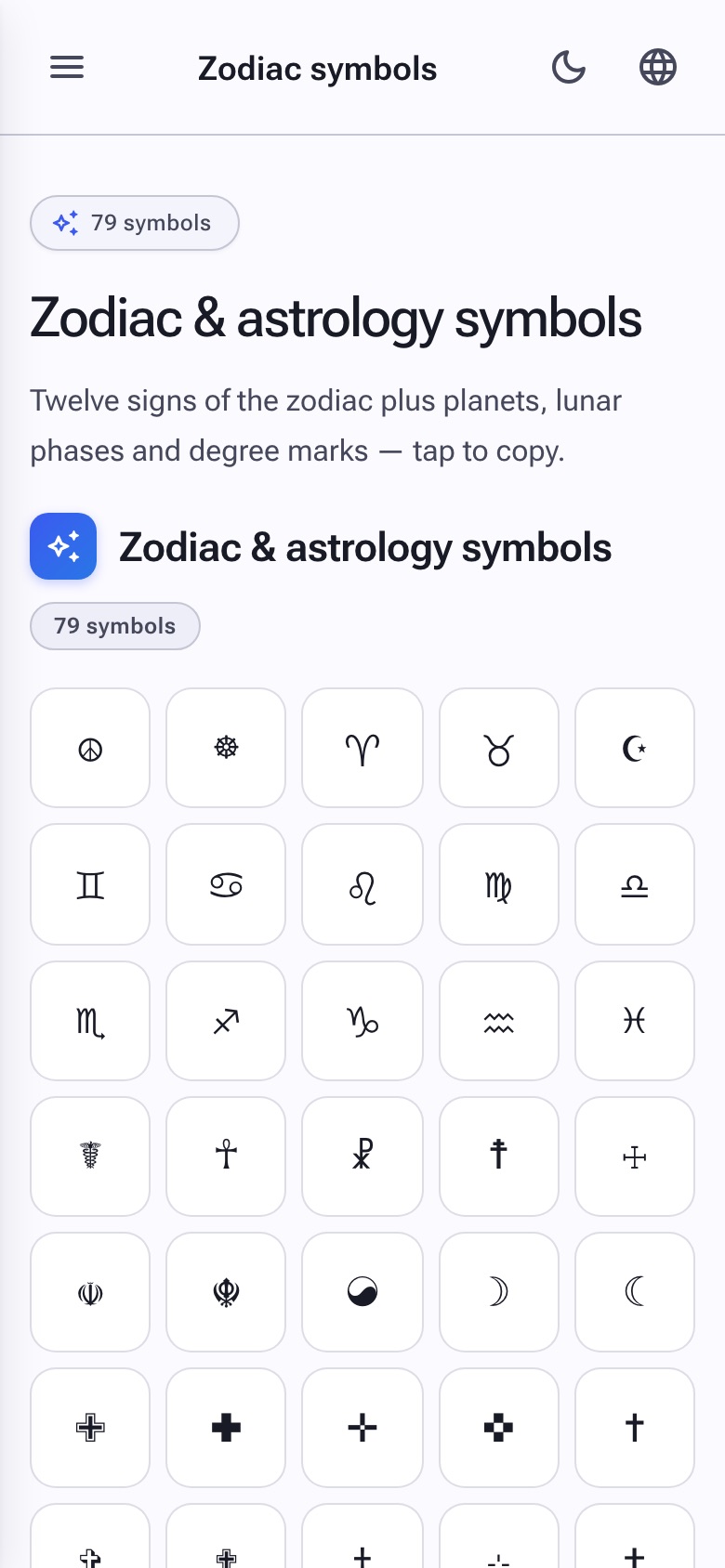 The twelve zodiac signs plus planet and moon symbols